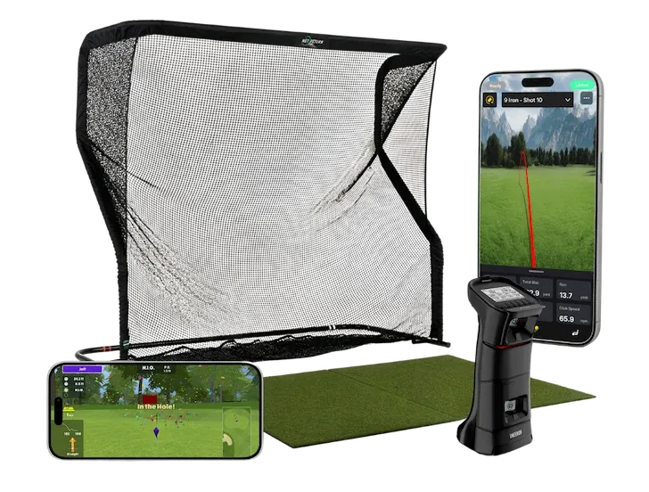 Uneekor EYE MINI launch monitor beside a golf net, with a phone showing a shot tracer and shot data